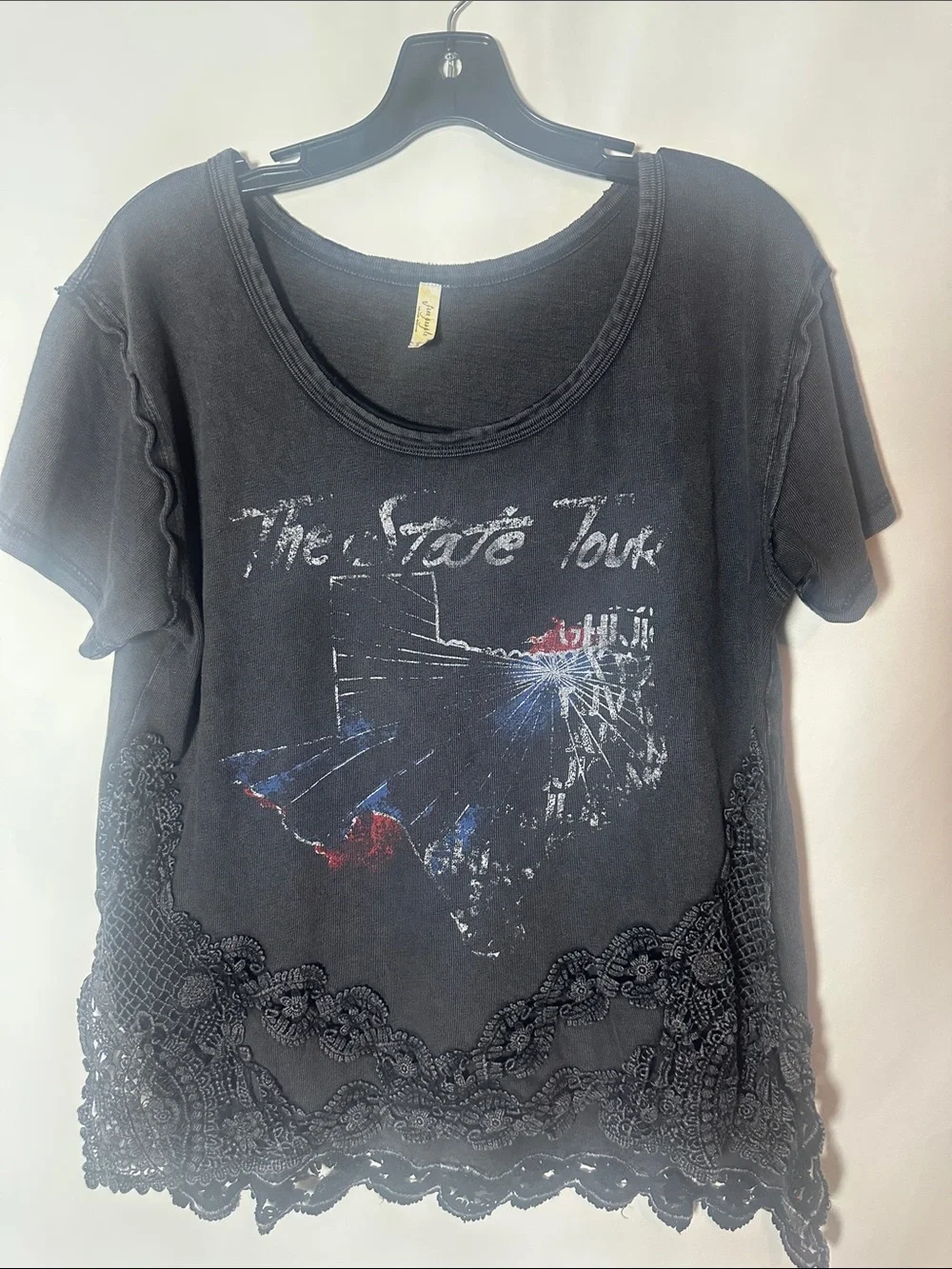 Free People Black Lace-Hem Graphic Tee with Faded Tour Print